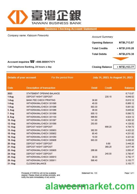 Taiwan Business Bank statement Word and PDF template